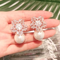 fashion snowflake crystal cz earrings for woman elegant charm cute pearl earring jewelry wedding engagement party gifts