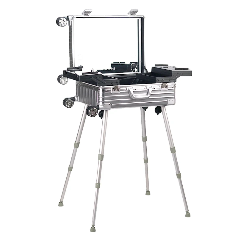 

Aluminum professional rolling cosmetic Makeup Trolley Suitcase Train Case With lighted mirror LED light For Women And Girls