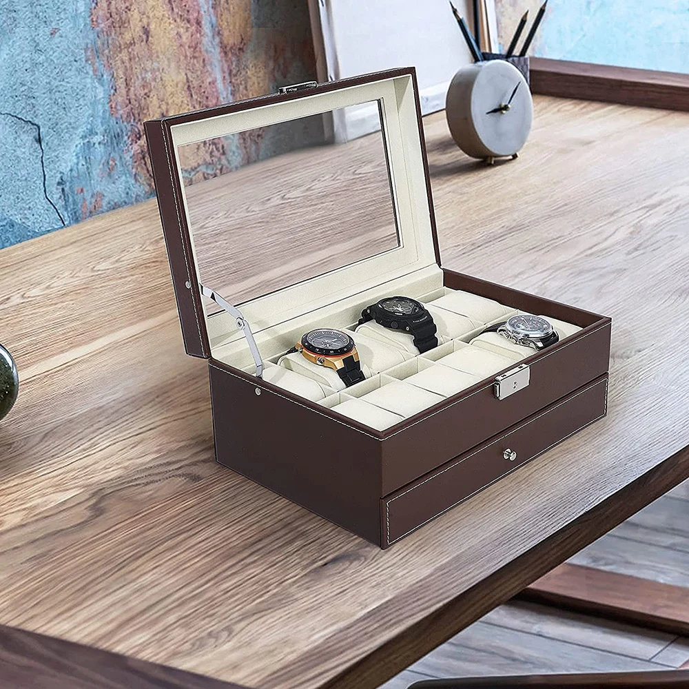 2-Tier 12 Slots Watch Box Storage Men Women PU Leather Watch Organizer Jewelry Display Case Organizer with Jewelry Drawer Gift