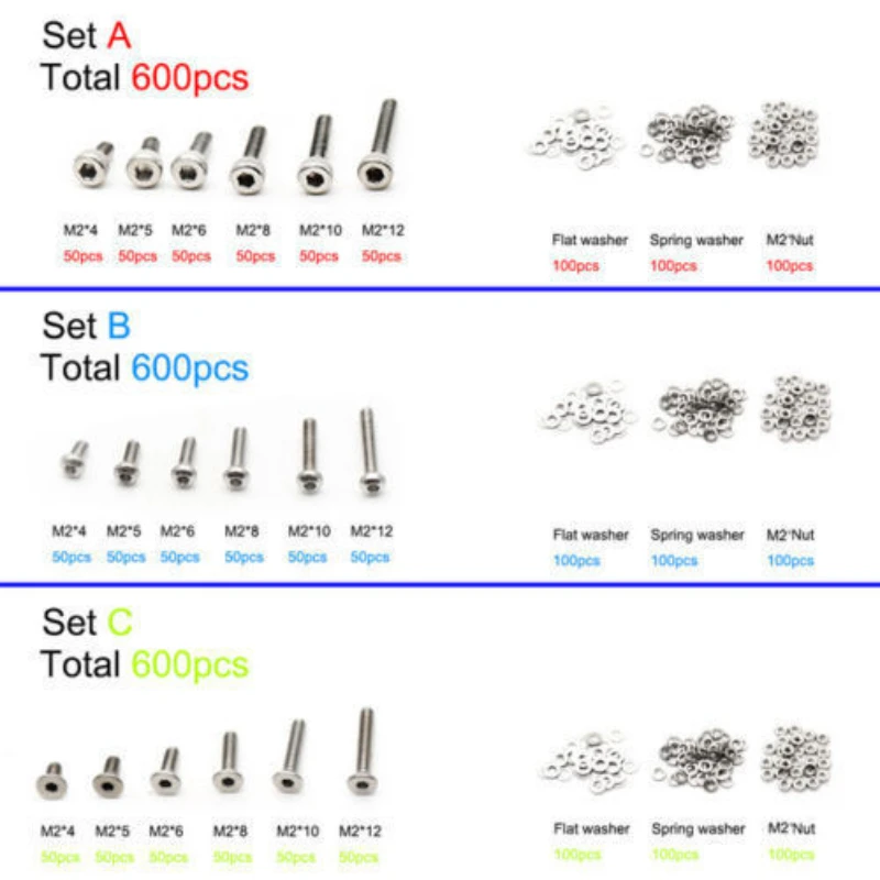 

600Pcs M2 304 Stainles Steel Hexagon Socket Head Flat Countersunk Allen Bolt Screws With Hex Nuts Washers Assortment Kit