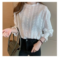 womens white tops blouses 2022 cotton linen blouse button solid stand collar ladies lace tops women ruffle shirt blusas feminine