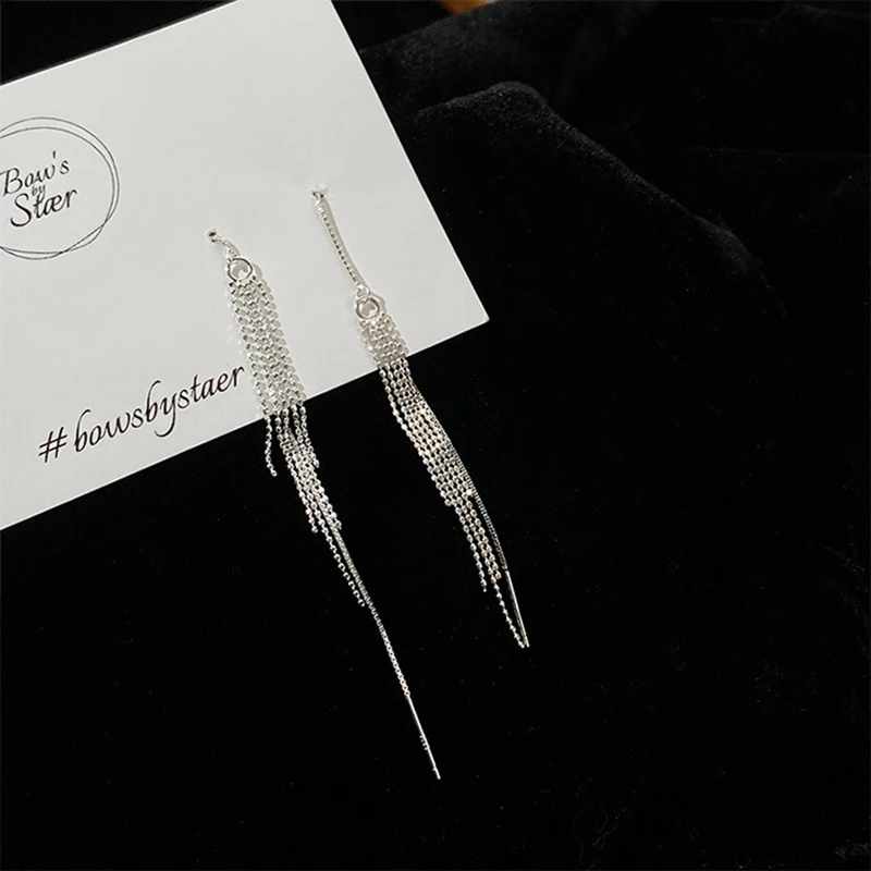 Fashion Silver Color Long Tassel Thread Chain Round Ball Beads Pendants Drop Earrings Women's Straight Hanging Earings Jewelry images - 6