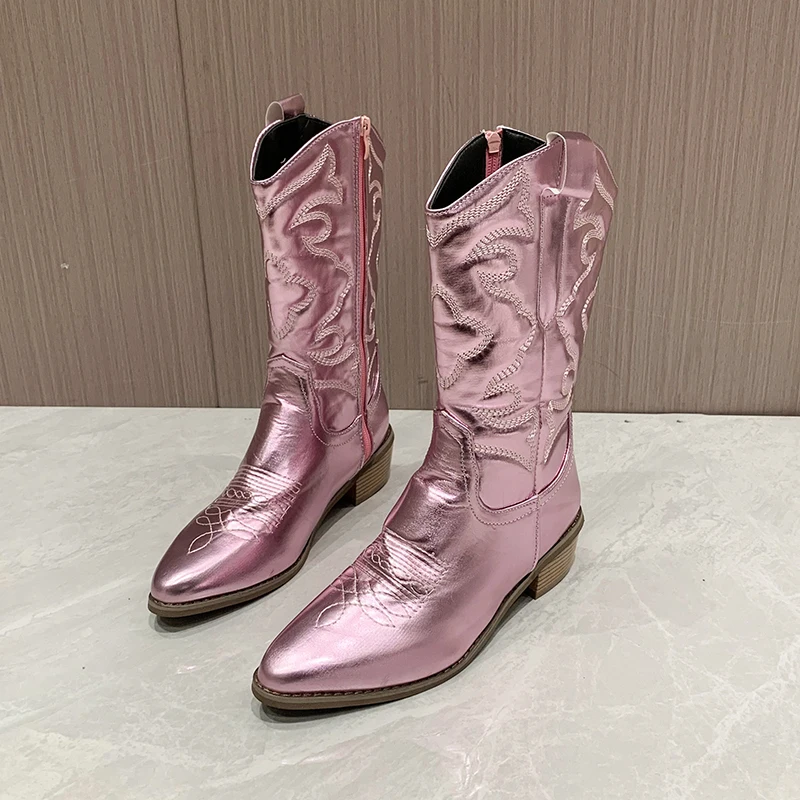 

Women's Western Boots Cowboy Cowgirls Pointed Toe Knee High Pull On Shoes Chunky Heel Fashion Silver Bling Embroidered Boots