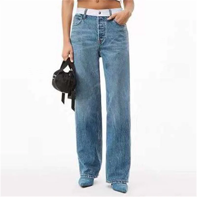 

Женские брюки, новинка 2023, весенняя одежда, модные Хлопковые женские джинсы в Корейском стиле, мешковатые прямые брюки с Вышивкой Букв, уличная одежда y2k