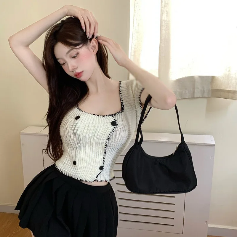

Knit Strappy Back Korean Top Strappy Top Cropped Double-breasted Slim Fit