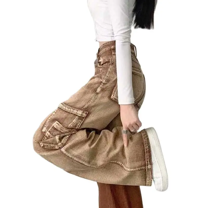 

Y2K Brown Jeans women's asymmetric High Waist Wide Leg loose straight hiphop Cargo pants Female clothing
