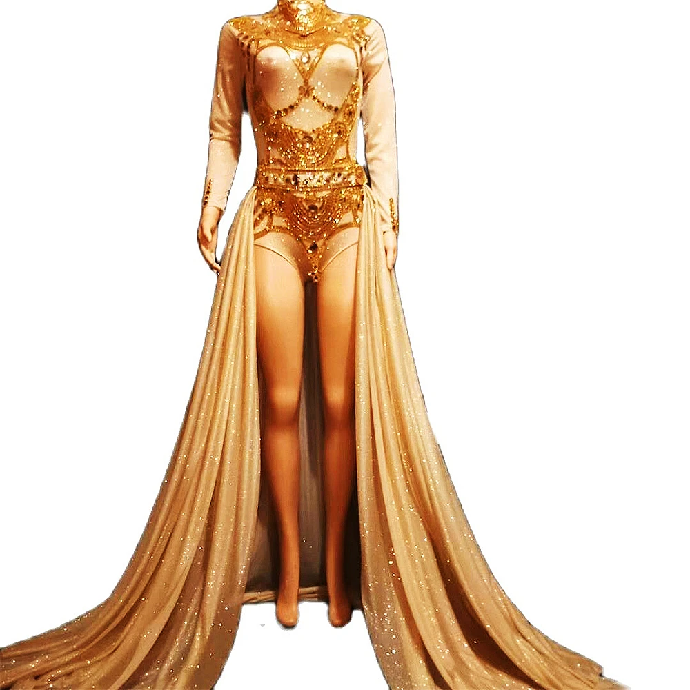 

Shining Gold Rhinestones Sequins Long Sleeve Bodysuit Women Stage Costume Headdress Tail Pole Dance Prom Cloth Party Bar Outfits