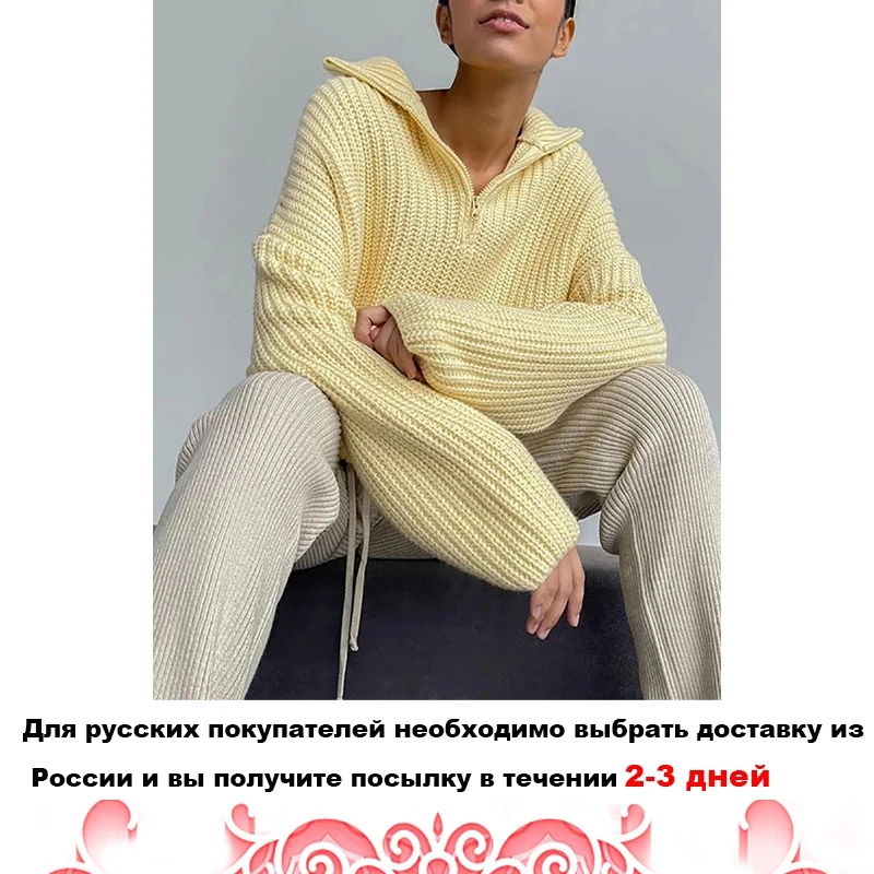 

Женский утепленный вязаный свитер, повседневные Пуловеры свободного кроя с воротником-поло на молнии, белый джемпер, Осень-зима 2021