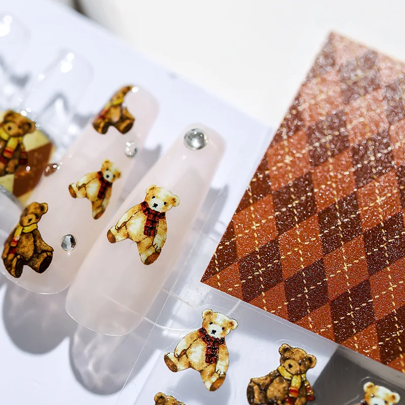 

Lovely Brown Bear Lines Cartoon Nail Art Decoration Stickers Classic Plaid Pattern 3D Self Adhesive Nail Decals Easter Bunny Egg
