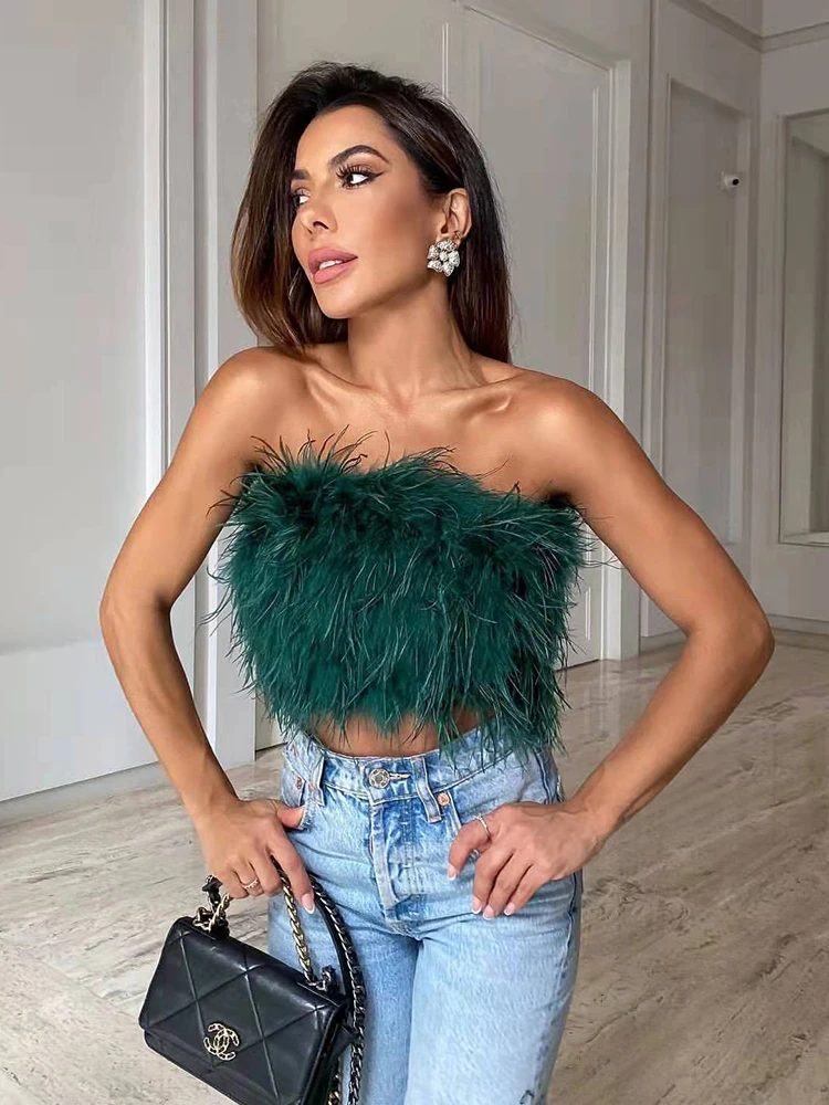 Топ женский с перьями пикантный укороченный корсет майка открытой спиной жилет