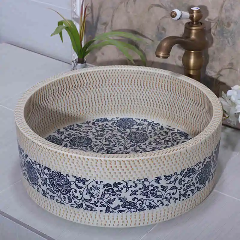 

Rectangular China Artistic Handmade porcelain Round bathroom counter top ceramic Bathroom basin sink ceramic art wash basin