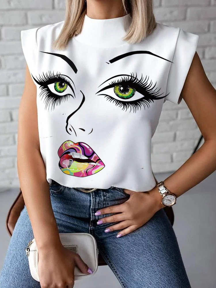 2023 Summer Ladies Office Casual Stand Neck Pullovers Eye Blusa Tops Fashion Women Elegant Lips Print Tops and Blouse Shirts