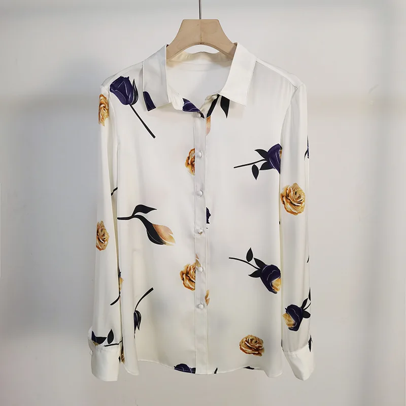 

Luxurious Print White Satin Acetate Imitation Silk Shirt Women Floral Top 2022 New Shirts Tops