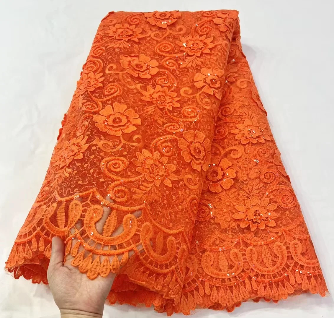 French Fashion Orange Lace Sequins Tulle Fabric 2022 High Quality African Milk Silk Mesh Lace Fabric For Women Dinner Dress Sew