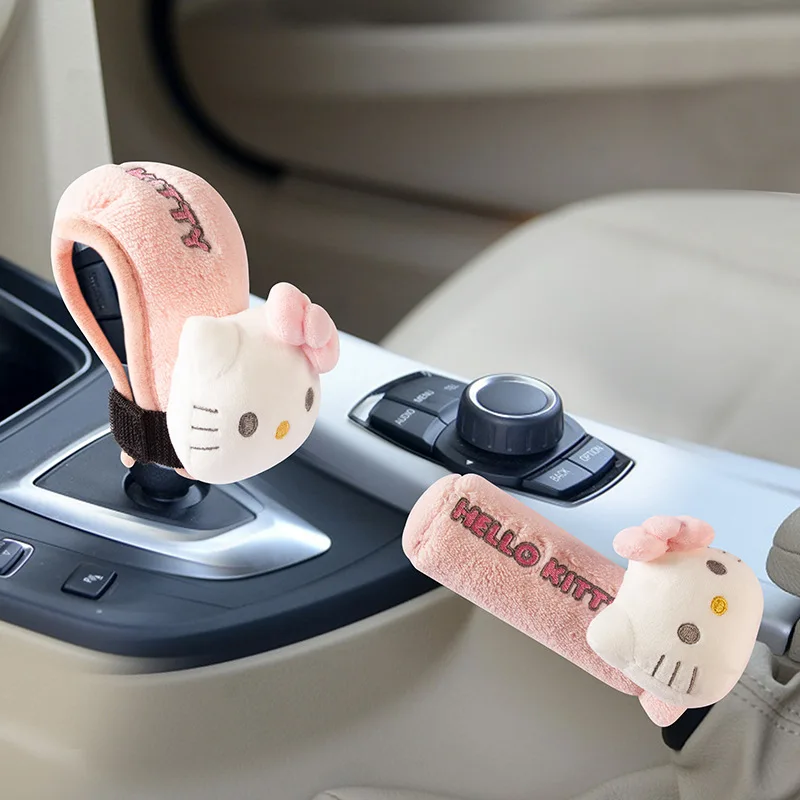 Kawaii Hello Kitty Anime Plush Gear Shift Knob Cover Gear Anti-Slip Grip Handle Case Plushie Gear Shift Collars Car Accessories