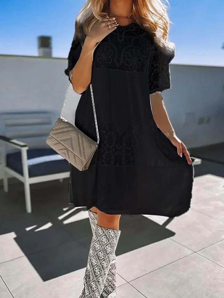

Lace Patchwork New Elegant Loungewear Holiday Dress Women Summer Short Sleeve O-Neck Simple Party Dress Sweet Fashion Streetwear
