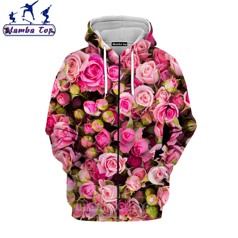 

Худи Mamba на молнии для мужчин и женщин, верхняя одежда с длинным рукавом, рубашка с капюшоном и 3D-принтом розы, свободного покроя, одежда на осень