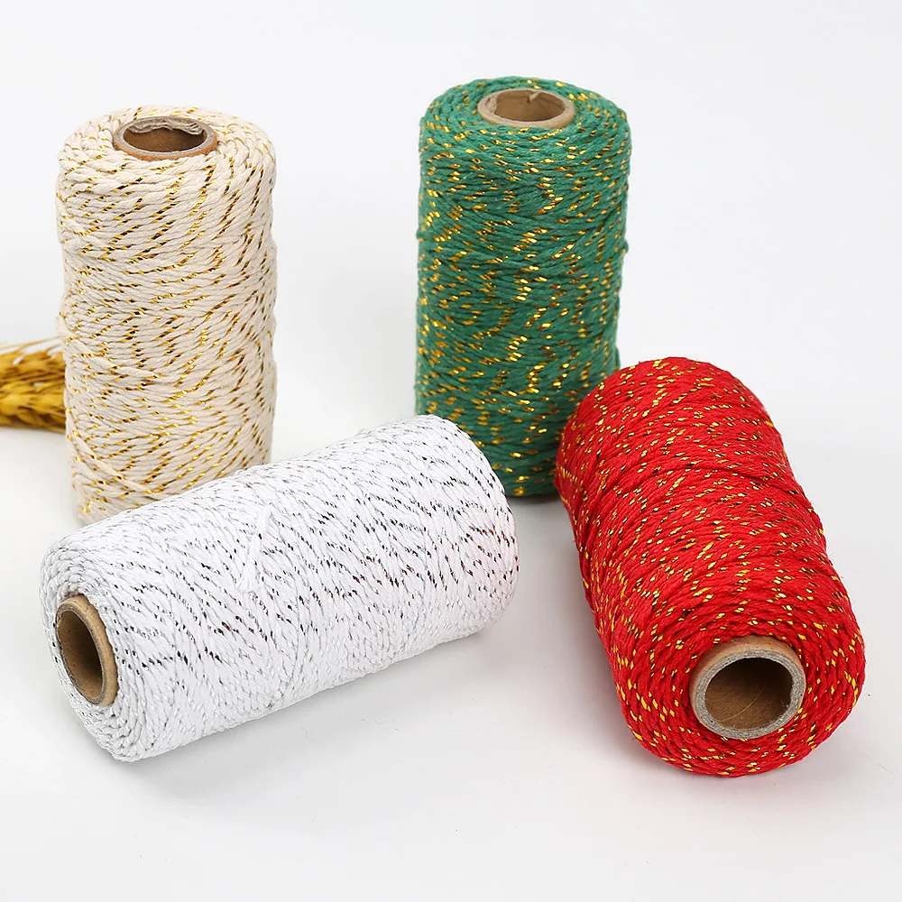 Cuerdas de algodón con purpurina para envolver regalos, 100m x 2mm, hilo de algodón metálico, trenzado, hilo de macramé, cinta para decoración del hogar