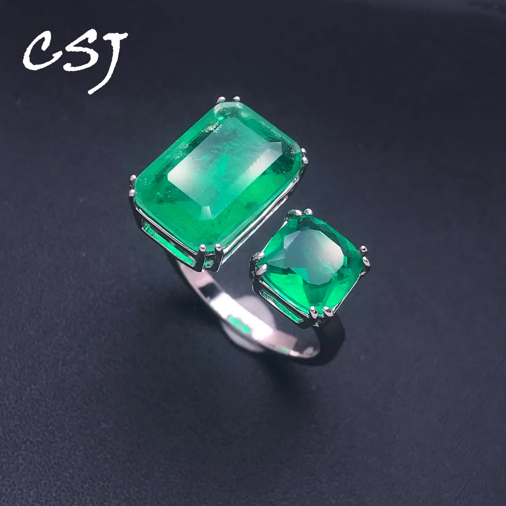 

CSJ Trendy Emerald Ring Sterling 925 Silver Created Gemstone 10*14mm for Women Wedding Birthday Party Jewelry Gift