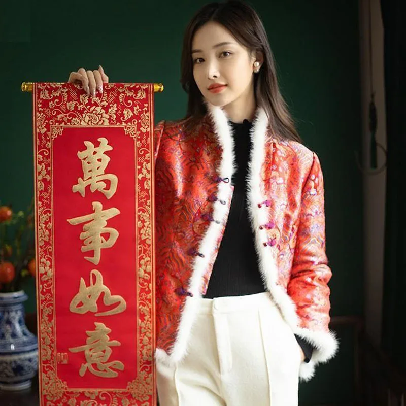 Parka Women's Short Coats Jackets 2022 Winter Cotton-Padded Prints Splicing Stand Collar Chinese Style Warm Skinny Parkas Woman