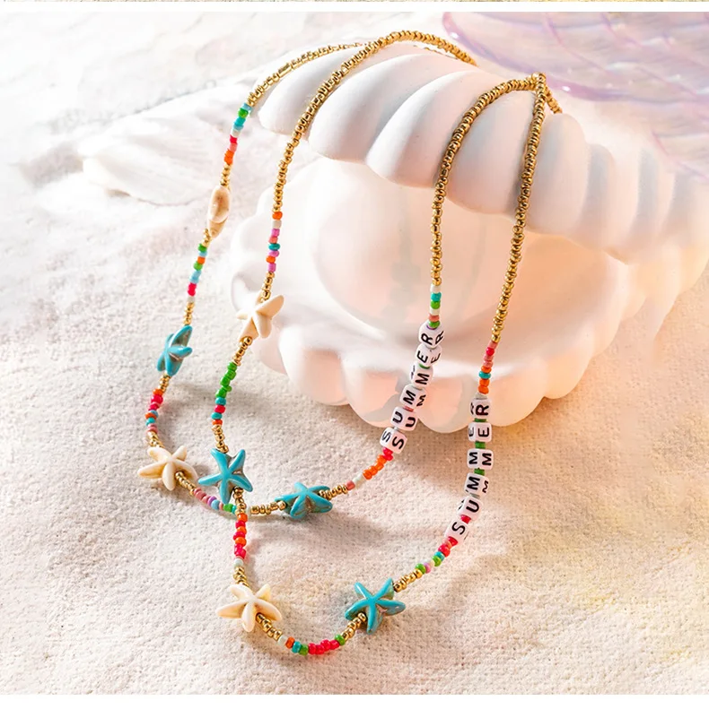 

Bohemian Hand Beaded Beach Necklace Summer Starfish Travel Chain Clavicle Gift