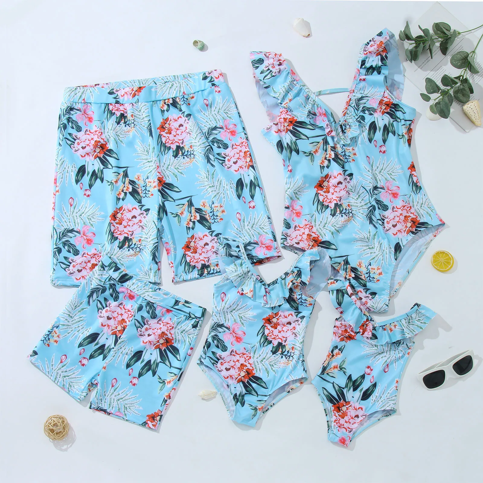 

Parent-Child Swimwear Summer Family Matching Outfits Flower Leaf Print One-piece Swimsuit Swim Trunks Father Mother Son Daughter