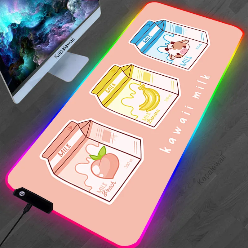 

Strawberry Milk Gaming RGB Mouse Pad Anime Computer PC Keyboard Rug LED Light Large Mousepad Gamer Desk Pads Play Mats Table Mat