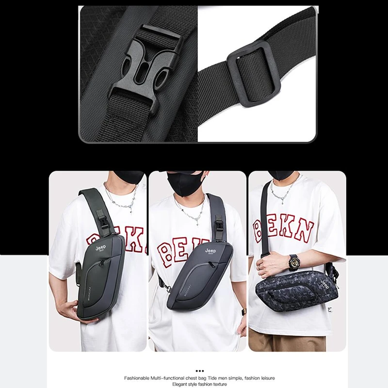 JEEP BULUO Sling Travel Bag Hot Sale Waterproof Casual Chest Bag Male Crossbody Fashion Shoulder Trend Black Messenger