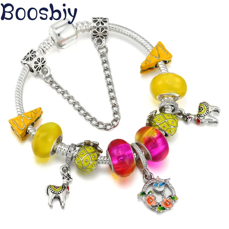 

New Design Silver Plated 3mm Charm Bracelet With Cute Alpaca & Flowers Birds Pendants DIY Fashion Brand Jewelry Gift For Women