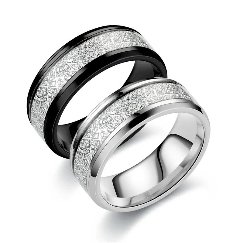

Hot Sale Fine Jewelry Rings Rime Pattern Men's Stainless Steel Ring Wedding Band Black and White Couple Ring