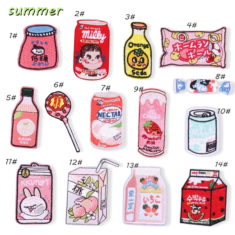 

MIX14Pcs/Lot Cartoon cute bottle snack embroidery Cloth patches Iron on patch for clothing Accessories DIY Garment stickers