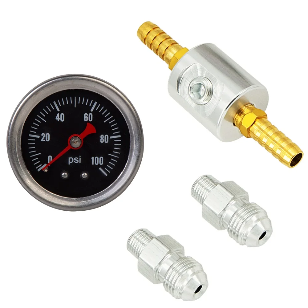 

Универсальный манометр 1/8 NPT с жидкостным наполнителем, полированный чехол 0-160 psi и набор адаптеров для топливных систем