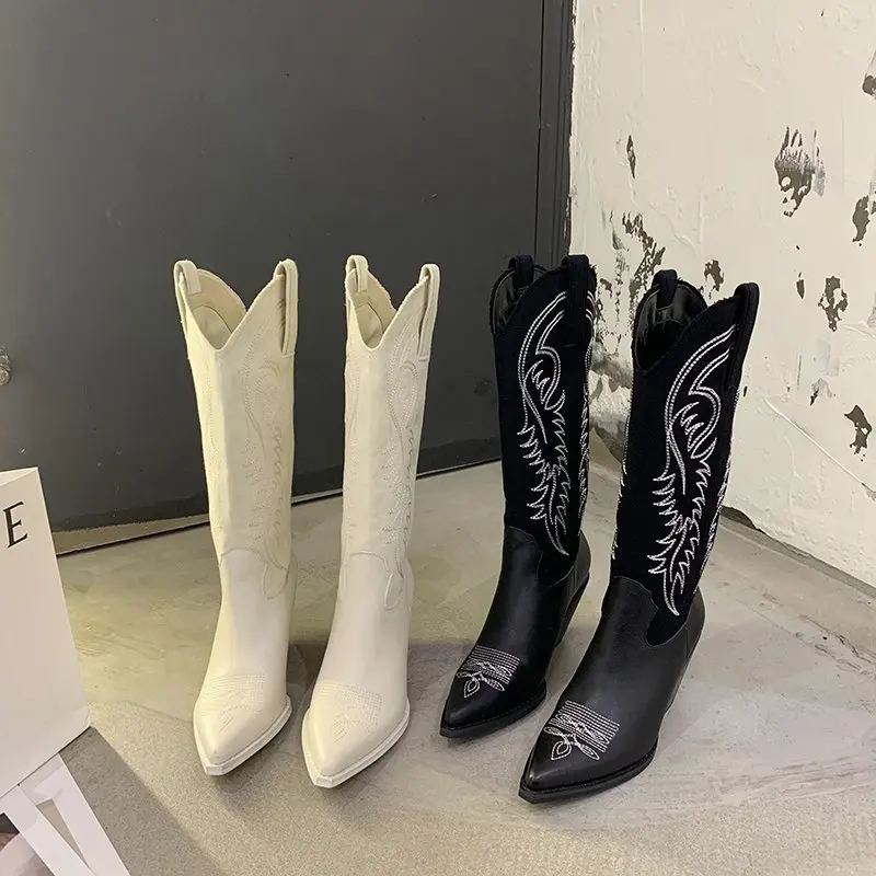 

Cowboy Boot European and American Retro Pointed Tall Knight Boots Chunky Heel Long Boots Femal women boots