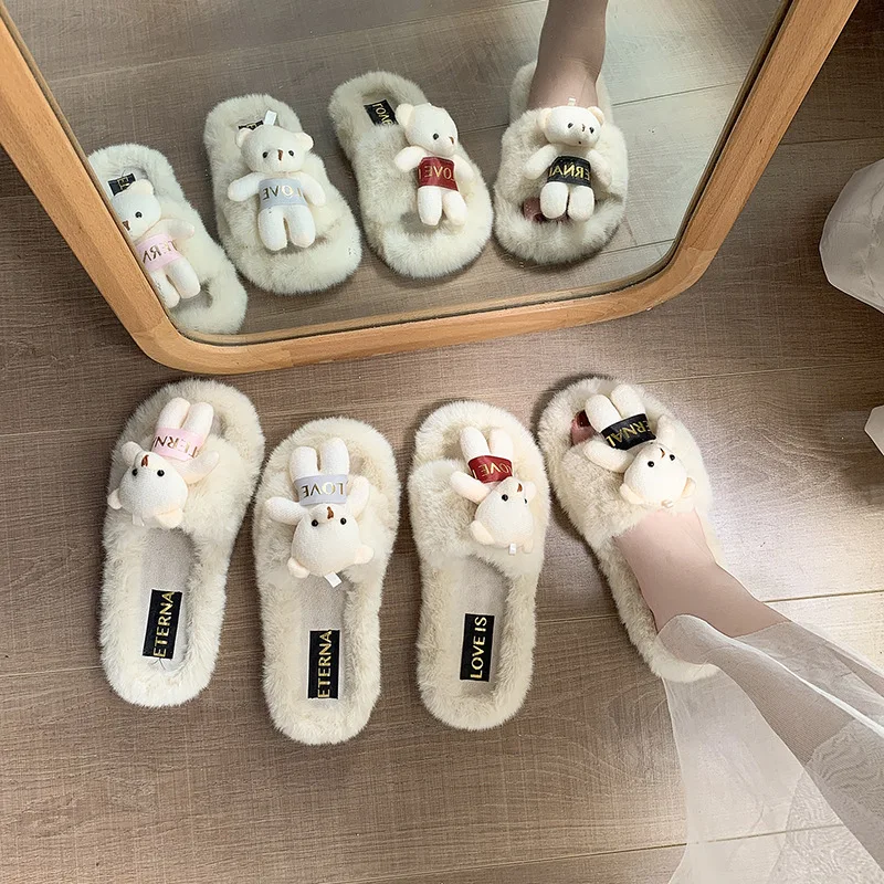 Hairy Slippers Women's Korean Version Cute Bears Flat Heels Flat-bottomed Flip-flops Outside Wear Household Cotton Slippers Wome