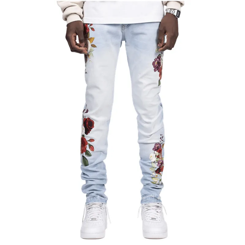 Mens Jeans Spring Summer New Fashion Streetwear Men's Rose Jeans Pencil Pants Full Length Denim Trousers