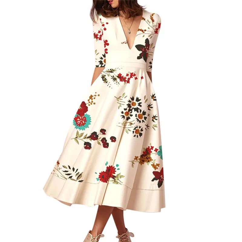 

Women Boho Floral Dress Elegant A-Line Office Lady Three Quarter Sleeve V-Neck Summer Lightweight Casual Dresses