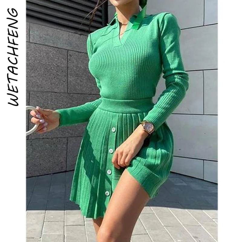 

Женский трикотажный костюм из двух предметов, однотонный облегающий свитер с длинным рукавом и плиссированная юбка, комплект из 2 предметов...