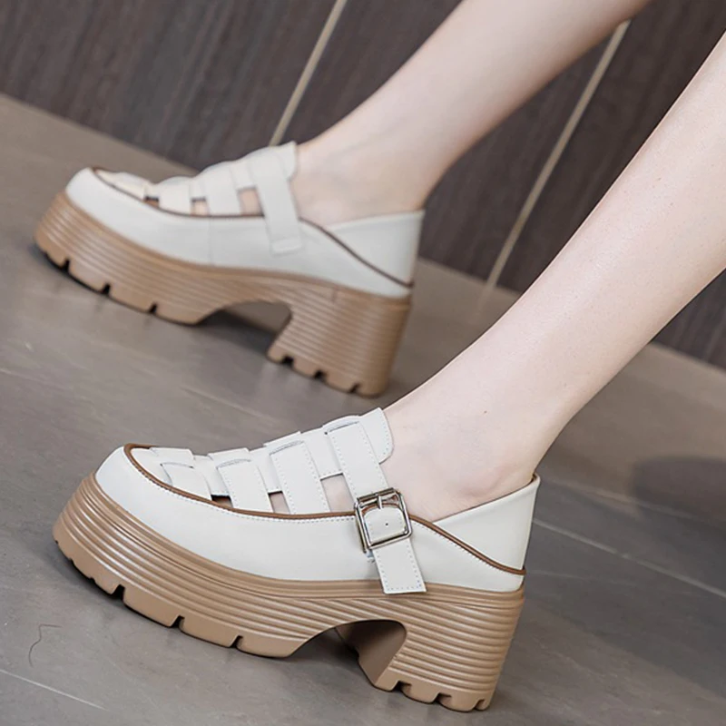 2023 New Genuine Leather Female Elevator Shoes Sandals Hollow Buckle Summer Fashion Platform Wedge Chunky Comfy Women Shoes