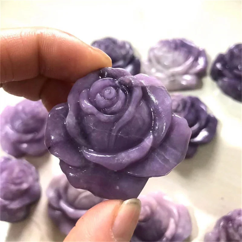 

Wholesale hand carved natural purple color lepidolite crystal rose flowe carving for decoration gift