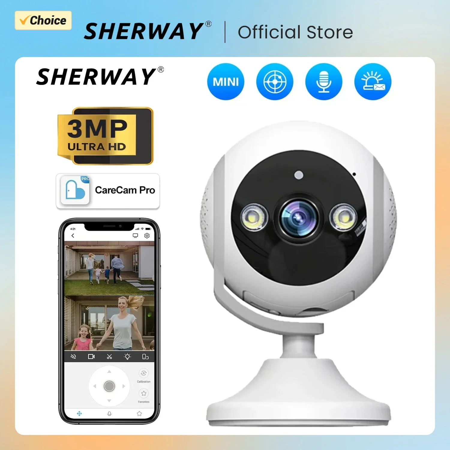 SHERWAY 3MP PTZ Wifi Camera 180° Ultra Wide Angle IP ONVIF Security Home Cameras Surveillance Face Detection Night Full Color