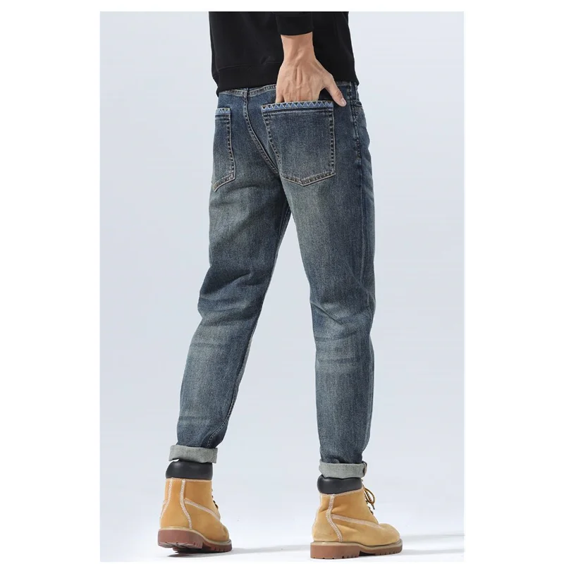 Streetwear Men 2022 Autumn New Style Vintage Pattern Self-cultivation Elastic Force Blue Pencil Pants Recreational Jeans Female