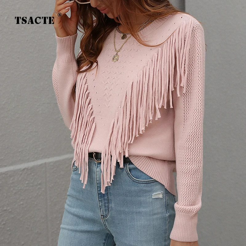 

Женский пуловер свободного покроя, однотонный вязаный элегантный свитер с бахромой, 2022