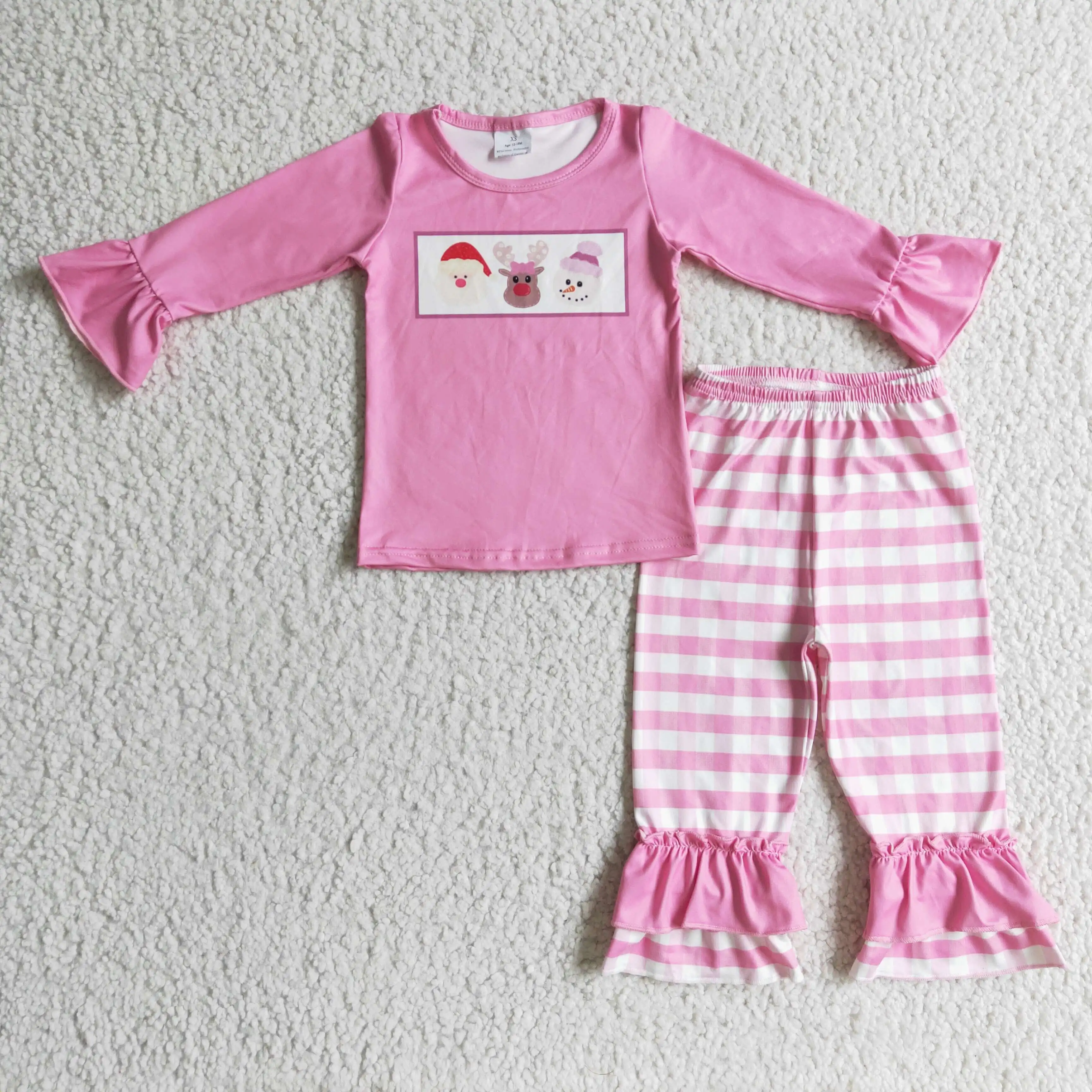 

Wholesale Christmas Kids Clothing 0-16 Years Old Girls Autumn Winter Long Sleeve Pajamas Pink Cute Cartoon Printed Striped Pants