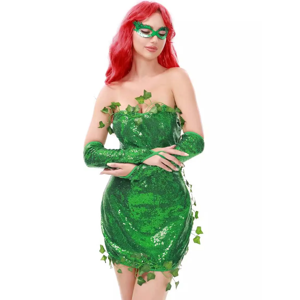 Хэллоуин Лист Зеленый Яд Плющ Косплей Костюм Платье без бретелек с блестками и