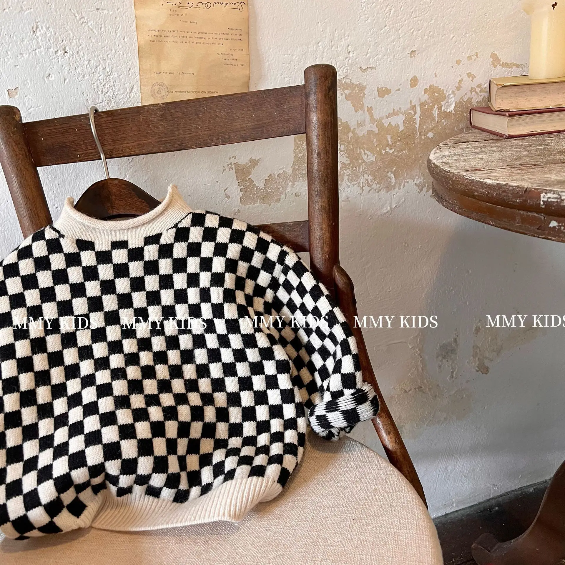 

Детская одежда Новинка Осень 2022 клетчатый Вязаный топ с высоким воротником для мальчиков и девочек Корейский свитер для малышей