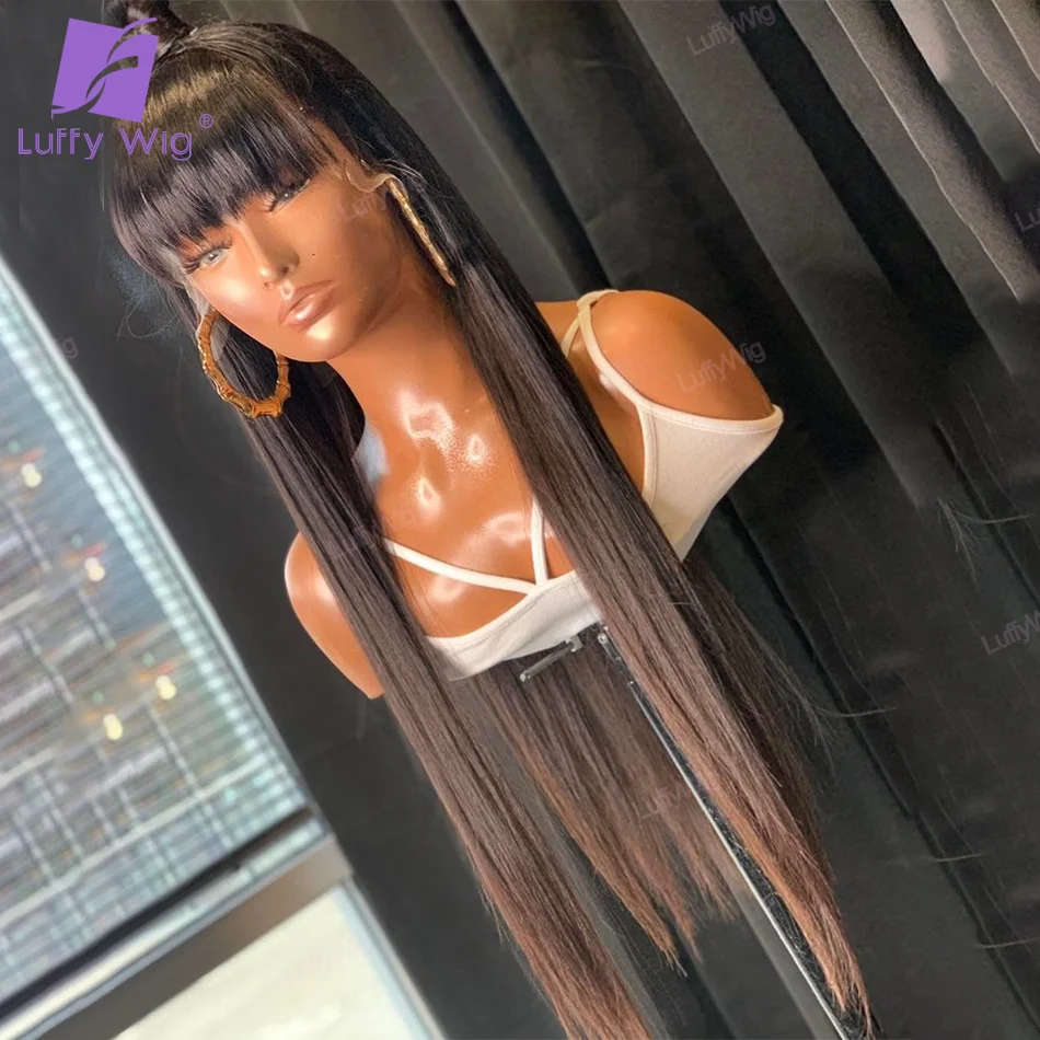 Full Machine Made Human Hair Wigs For Black Woman Long Smooth Straight With Fringe Bangs O Scalp Top Glueless No Lace Wigs Luffy