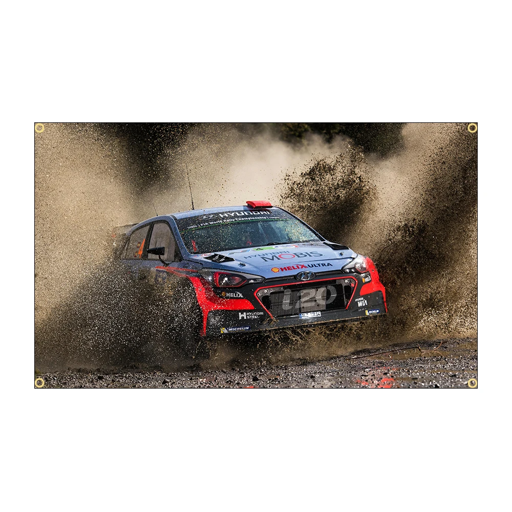 Фото WRC Car I20 CAR Высококачественный полиэстеровый автомобильный флаг 60x90/90x150 см с принтом, уличный декор для гаража, тематический дизайн автомобиля №3