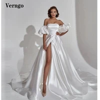verngo white a line silk satin wedding dresses strapless short sleeves side slit sweep train bridal gowns lace up back newest