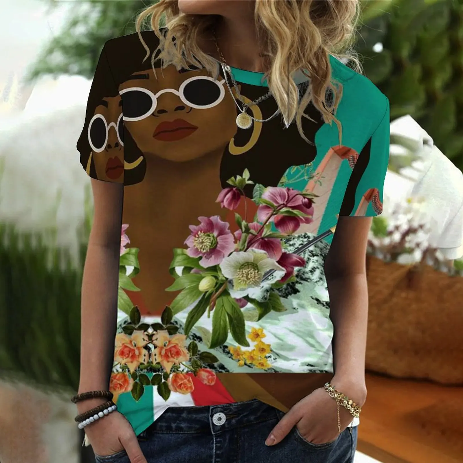 

2022 beauty pictures Europe and the United States summer women's casual digital printing short-sleeved round neck T-shirt