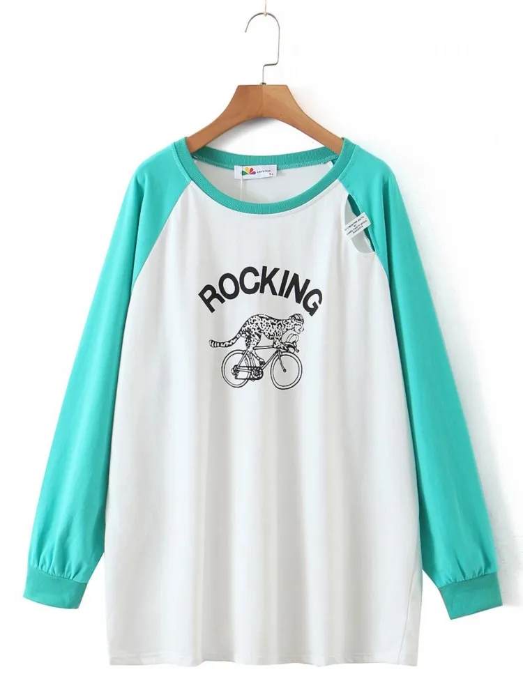 

Plus Size T-Shirt Women's Clothing 2022 Spring Casual Fashion Quality Printed Holes Raglan Sleeve O-Neck Long Sleeve Tops N8172